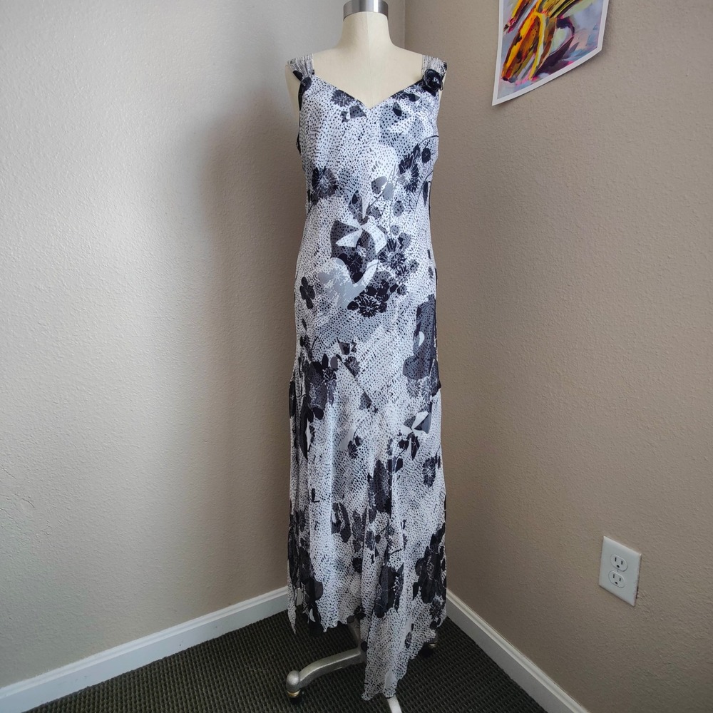 Vintage Silk Chiffon Maxi Dress Fairycore Y2K Graphic Floral Handkerchief Hem L‎
